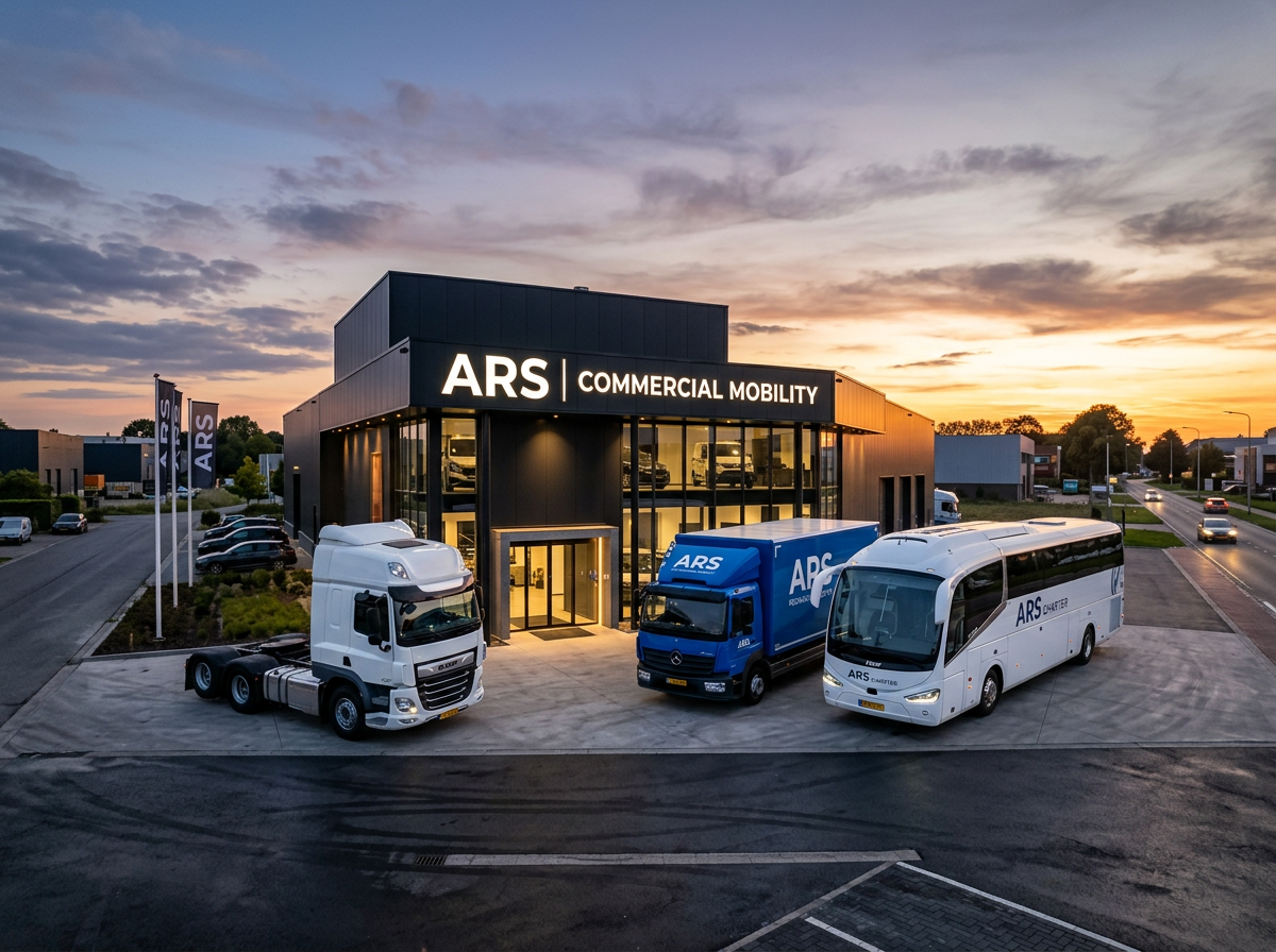 Fleet of heavy commercial trucks and buses lined up in ARS logistics depot