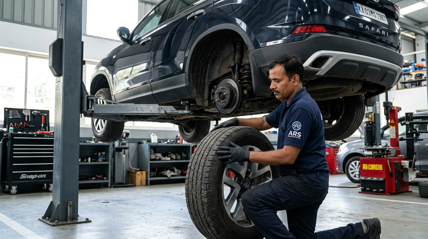 Certified ARS automotive technician carefully fitting a wheel onto a modern SUV